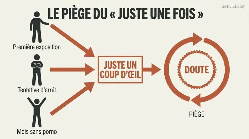 Three starting points—first exposure, a quit attempt, and months of freedom—converge through a single gateway into a circular trap loop powered by doubt.