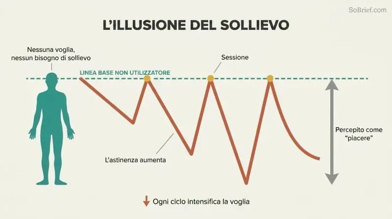 Sawtooth wave shows each session returning users to the non-user's constant baseline, with withdrawal valleys deepening over each cycle.