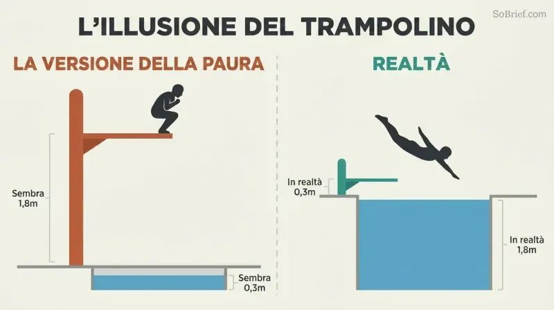 Two-panel cross-section contrasting a tall diving board over shallow water with a short board over deep water, showing how fear distorts perception.