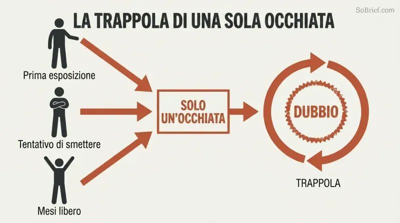 Three starting points—first exposure, a quit attempt, and months of freedom—converge through a single gateway into a circular trap loop powered by doubt.
