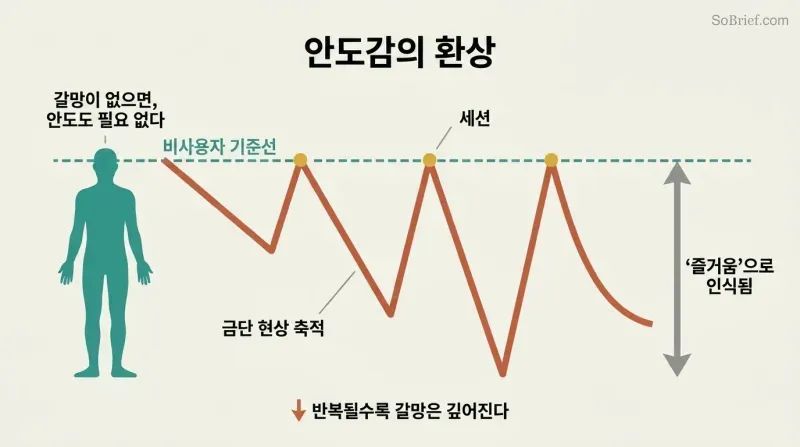 Sawtooth wave shows each session returning users to the non-user's constant baseline, with withdrawal valleys deepening over each cycle.