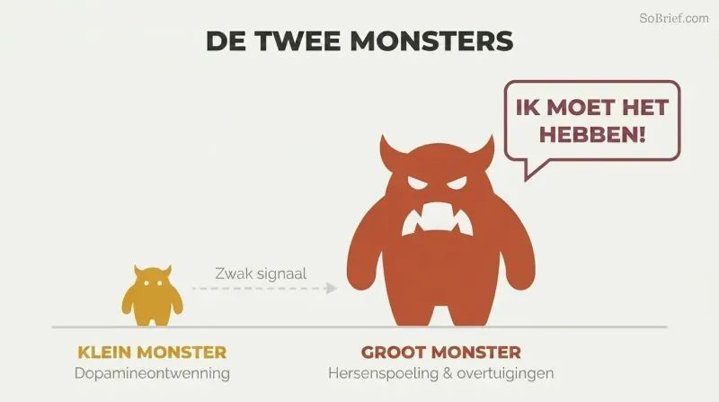 Tiny monster silhouette next to a massive monster silhouette on a shared baseline, with a faint signal arrow between them and an amplified speech bubble from the large one showing how physical withdrawal gets misread as overwhelming craving.