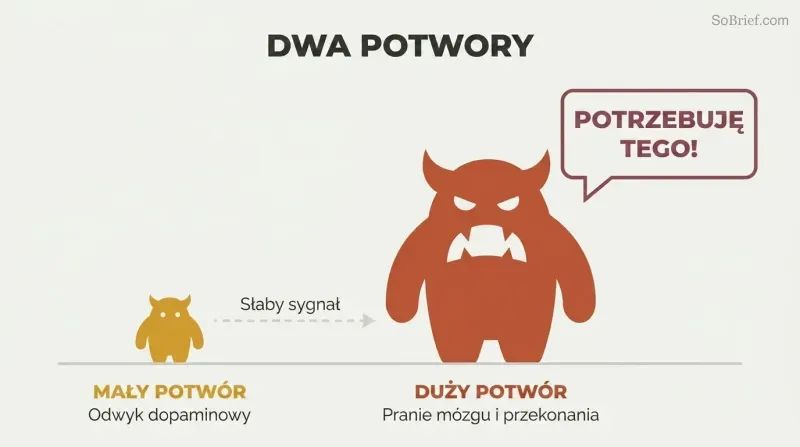 Tiny monster silhouette next to a massive monster silhouette on a shared baseline, with a faint signal arrow between them and an amplified speech bubble from the large one showing how physical withdrawal gets misread as overwhelming craving.