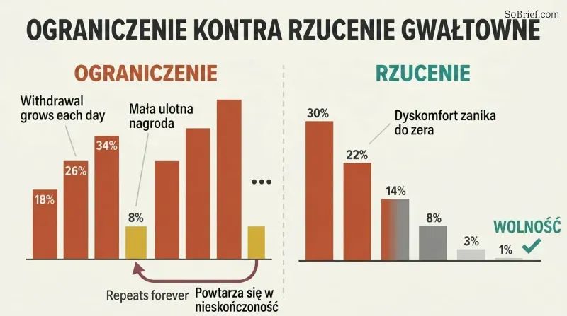 Split panel comparing cutting down, shown as repeating cycles of escalating suffering bars, against quitting cold turkey, shown as declining bars reaching freedom.