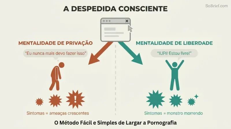 Browser closing forks into two paths — deprivation with growing threat pangs versus freedom with shrinking victory pangs.