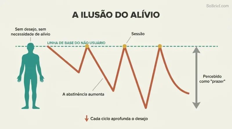 Sawtooth wave shows each session returning users to the non-user's constant baseline, with withdrawal valleys deepening over each cycle.