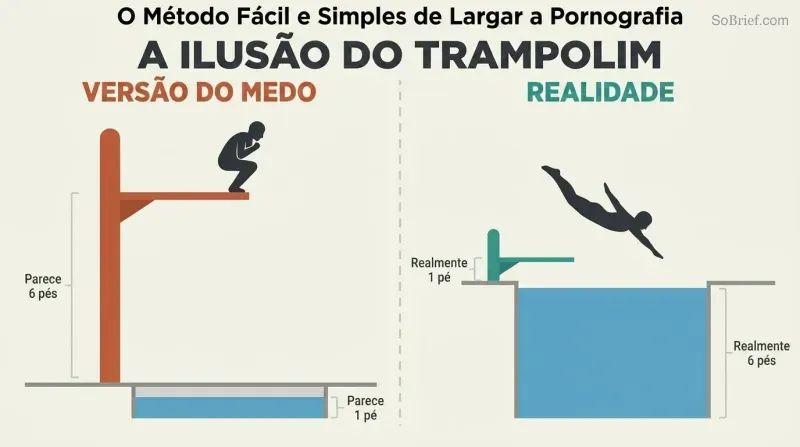 Two-panel cross-section contrasting a tall diving board over shallow water with a short board over deep water, showing how fear distorts perception.