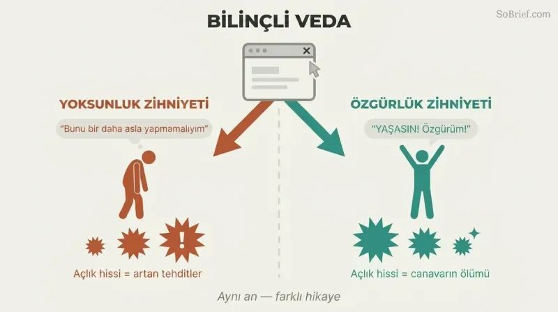 Browser closing forks into two paths — deprivation with growing threat pangs versus freedom with shrinking victory pangs.