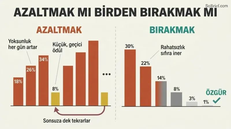 Split panel comparing cutting down, shown as repeating cycles of escalating suffering bars, against quitting cold turkey, shown as declining bars reaching freedom.