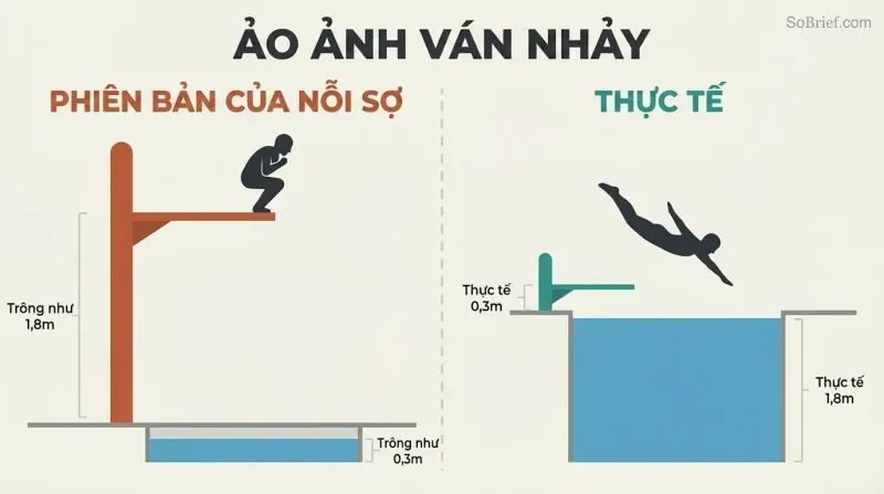 Two-panel cross-section contrasting a tall diving board over shallow water with a short board over deep water, showing how fear distorts perception.