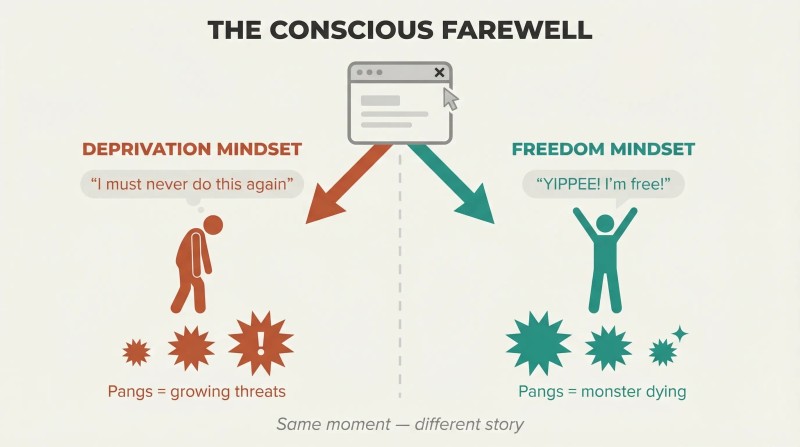 Browser closing forks into two paths — deprivation with growing threat pangs versus freedom with shrinking victory pangs.