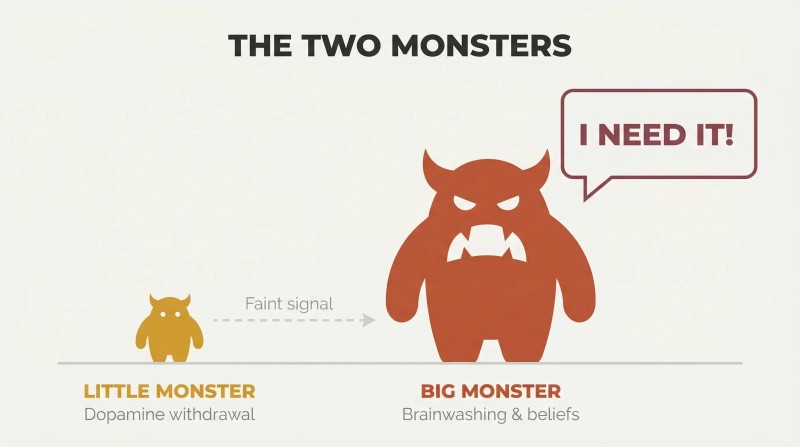 Tiny monster silhouette next to a massive monster silhouette on a shared baseline, with a faint signal arrow between them and an amplified speech bubble from the large one showing how physical withdrawal gets misread as overwhelming craving.