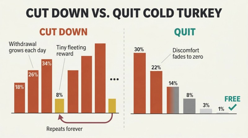 Split panel comparing cutting down, shown as repeating cycles of escalating suffering bars, against quitting cold turkey, shown as declining bars reaching freedom.