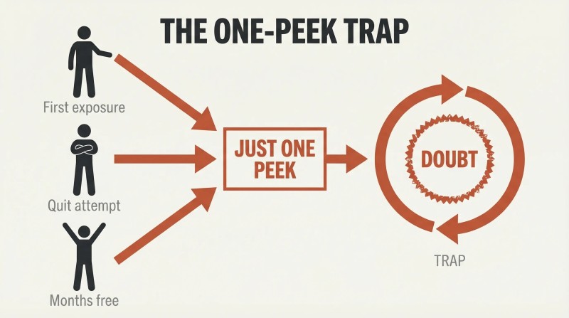 Three starting points—first exposure, a quit attempt, and months of freedom—converge through a single gateway into a circular trap loop powered by doubt.