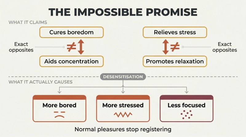 Two-tier diagram showing four contradictory claims paired as opposites above a divider, with three actual harmful outcomes below, revealing a logical impossibility.