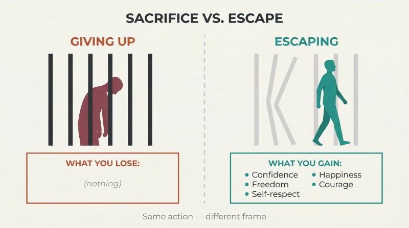 Split-panel comparison showing a trapped figure with an empty "what you lose" box versus a free figure with a full "what you gain" box listing confidence, freedom, self-respect, happiness, and courage.