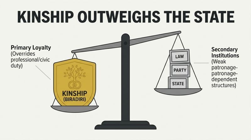 A mechanical balance scale showing a heavy golden weight of Kinship loyalty completely overriding the lighter, modern institutions of State, Party, and Law.