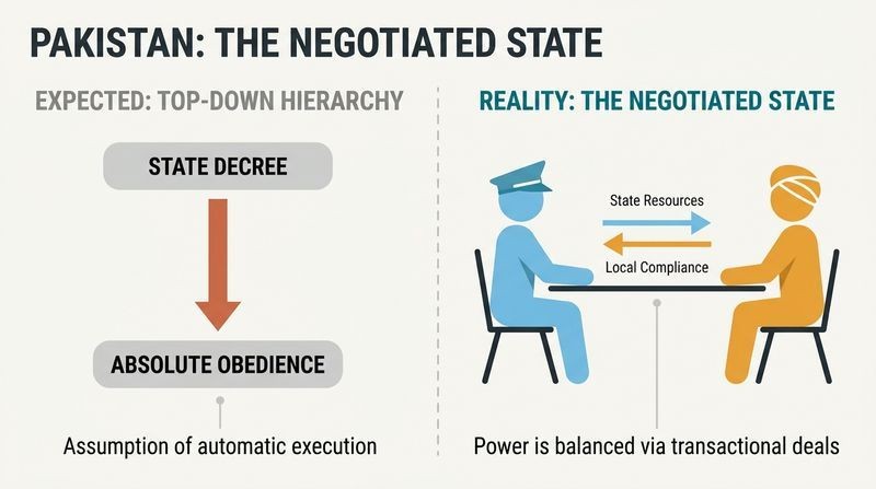 Split panel comparison showing how authority is not simply commanded top-down, but rather bargained horizontally between state officials and local elites.