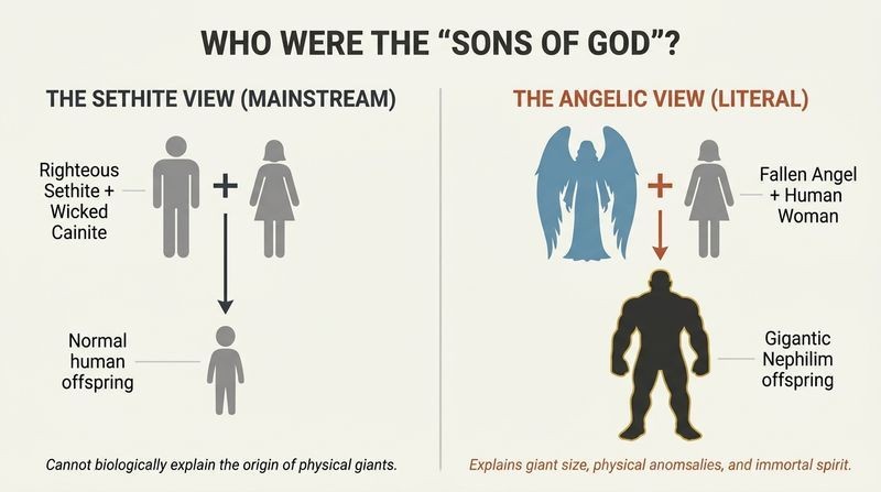 Split panel comparison contrasting the mainstream human lineage theory with the literal angelic-hybrid theory of the Nephilim.