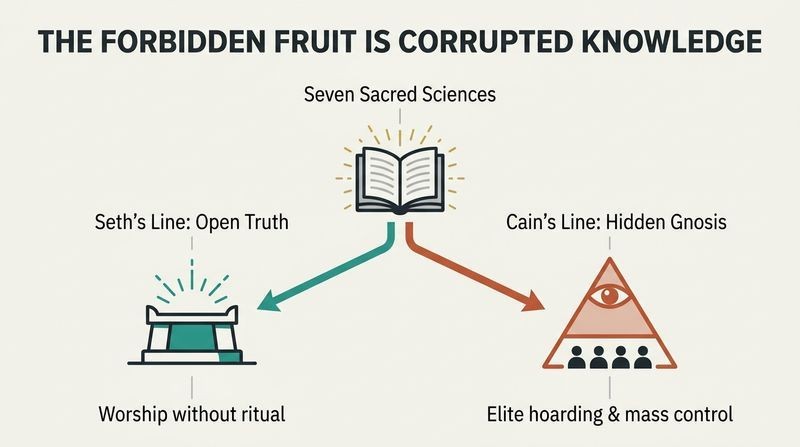A branching diagram showing the Seven Sacred Sciences splitting into Seth's open line of direct truth and Cain's hidden line of elite control.