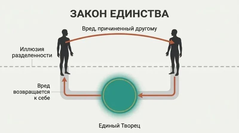 Iceberg diagram showing two separate figures on the surface whose roots merge into a single unified core below, with a harmful energy path looping from one figure to the other and back through the shared core to strike the sender.