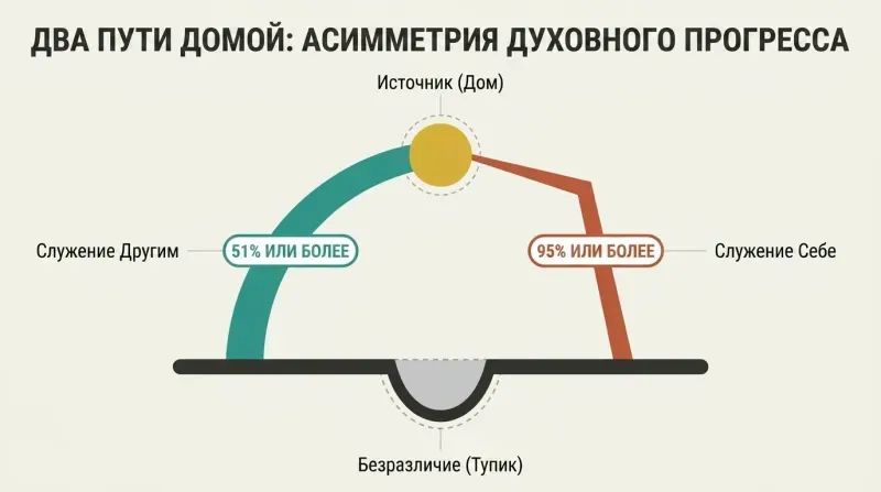 Asymmetric arch diagram showing two paths to a golden source: a wide, gentle teal path of service-to-others requiring fifty-one percent focus, and a steep, narrow terracotta path of service-to-self requiring ninety-five percent focus, separated by a gray central sinkhole of indifference.