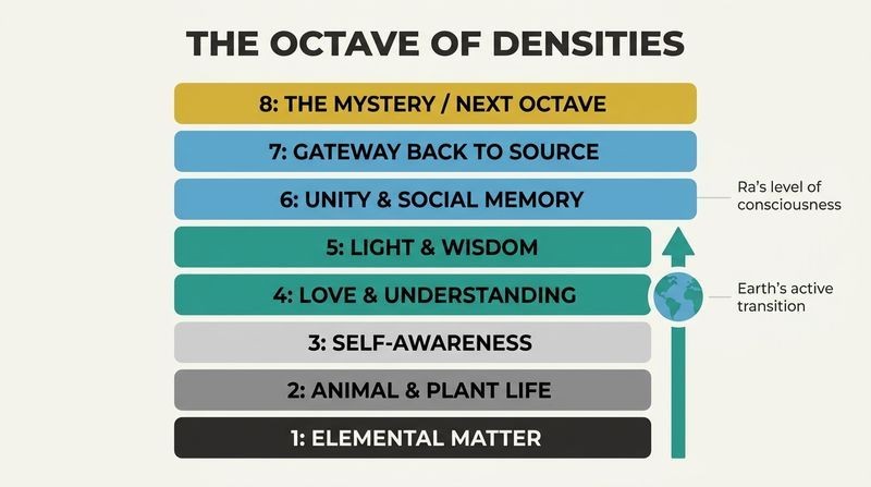 Vertical stack diagram depicting the eight densities of consciousness, with Earth illustrated as a small globe climbing from the third density of self-awareness to the fourth density of love.
