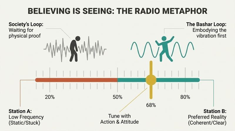 A radio dial diagram illustrating how tuning your identity via actions and attitude shifts your outer manifestation from static to clarity.