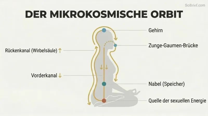 Circular energy pathway traced over a human silhouette in profile, flowing up the spine to the brain and down the front to the navel in a continuous loop.