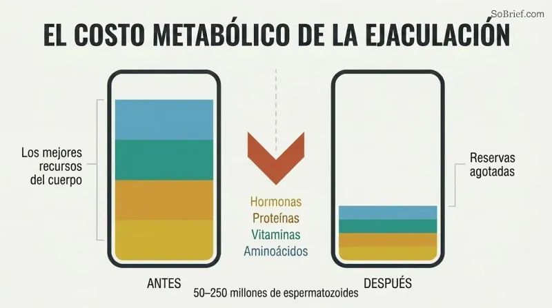 Two vertical energy gauges side by side showing resource levels before and after ejaculation, with labeled precious nutrients draining away between them.
