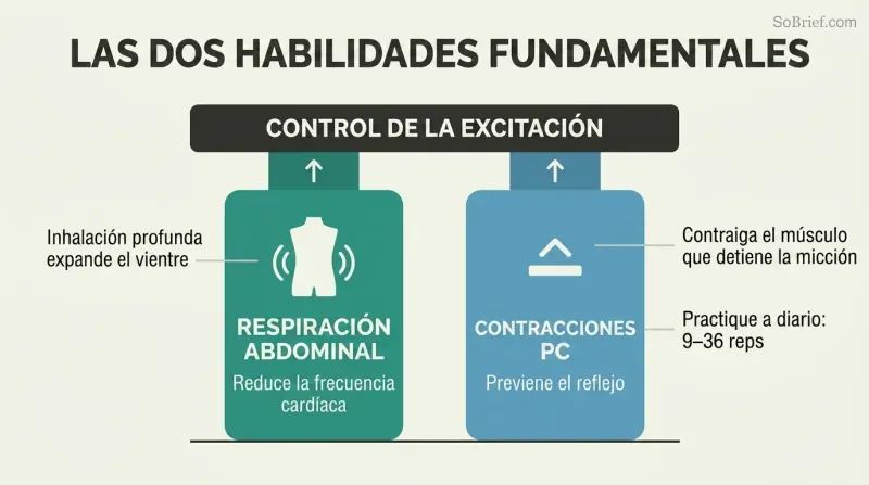 Two pillars labeled belly breathing and PC squeezes supporting a platform labeled arousal control, showing these as foundational skills.