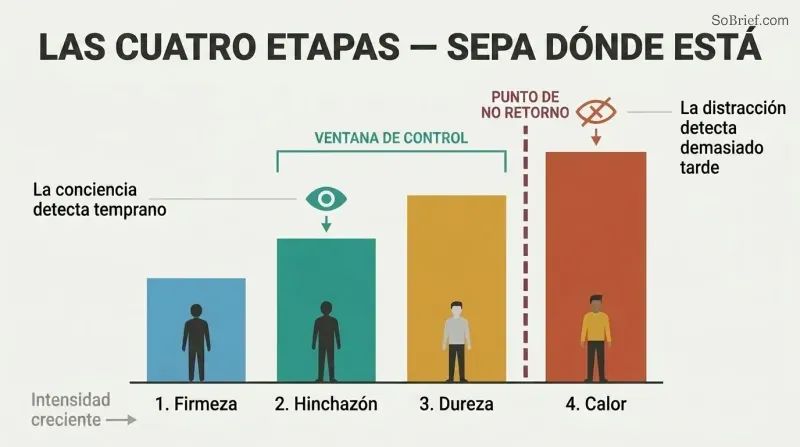 Ascending four-stage bar chart with a threshold line between stages three and four, showing awareness detecting signals early versus distraction detecting too late.