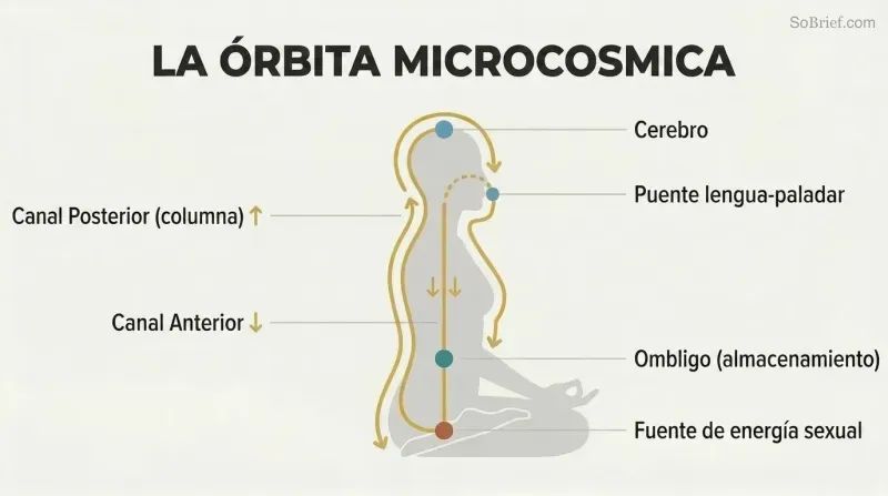 Circular energy pathway traced over a human silhouette in profile, flowing up the spine to the brain and down the front to the navel in a continuous loop.