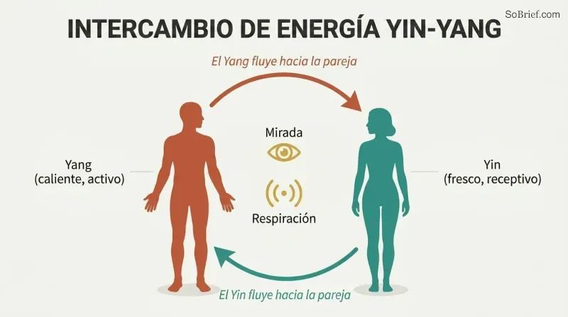 Two facing silhouettes connected by a circular loop of warm yang energy flowing one direction and cool yin energy flowing the other, forming a complete circuit.