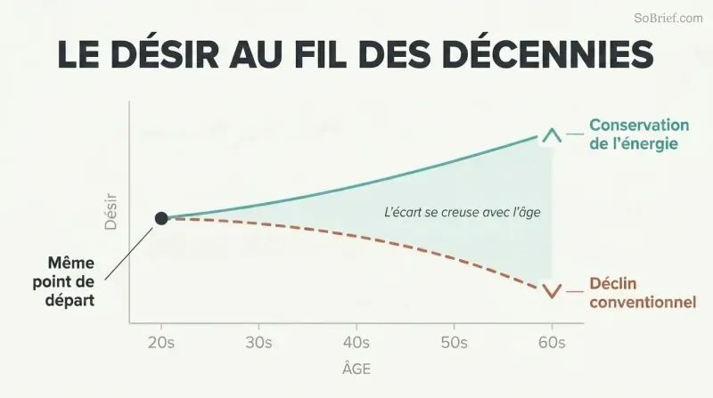 Two diverging curves on a timeline from age 20 to 60, showing conventional desire declining while conserved-energy desire stays high and rises.