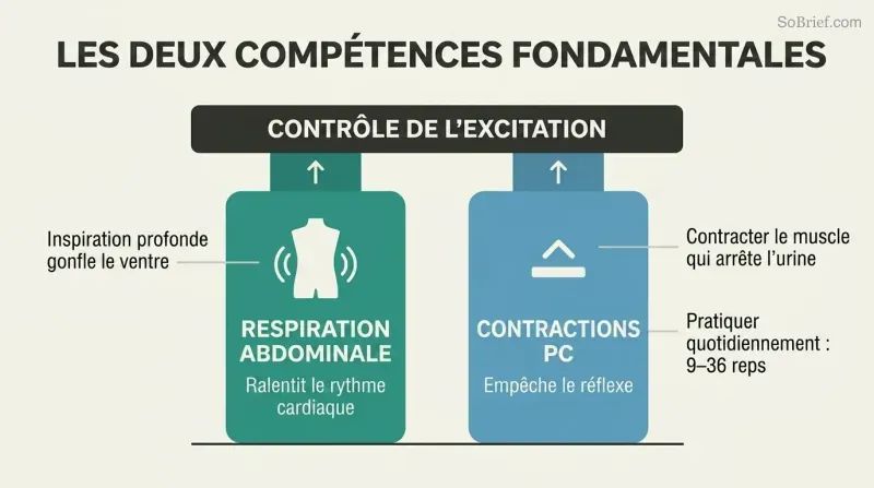 Two pillars labeled belly breathing and PC squeezes supporting a platform labeled arousal control, showing these as foundational skills.