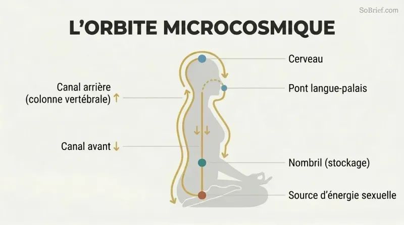 Circular energy pathway traced over a human silhouette in profile, flowing up the spine to the brain and down the front to the navel in a continuous loop.