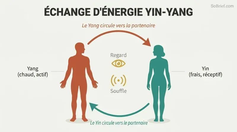 Two facing silhouettes connected by a circular loop of warm yang energy flowing one direction and cool yin energy flowing the other, forming a complete circuit.