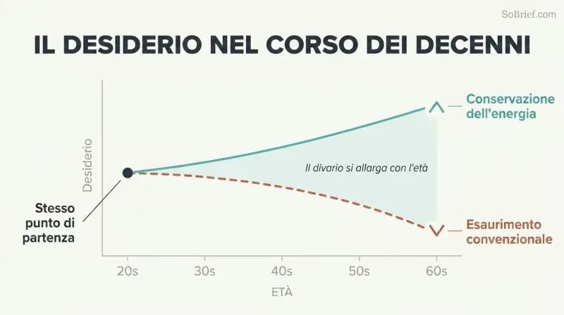 Two diverging curves on a timeline from age 20 to 60, showing conventional desire declining while conserved-energy desire stays high and rises.
