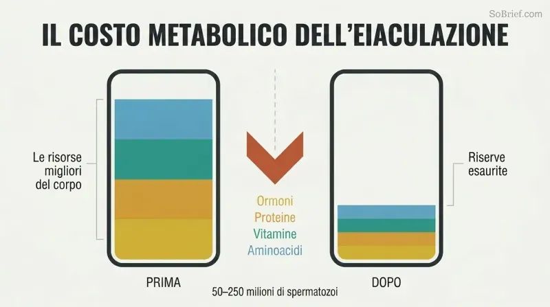 Two vertical energy gauges side by side showing resource levels before and after ejaculation, with labeled precious nutrients draining away between them.
