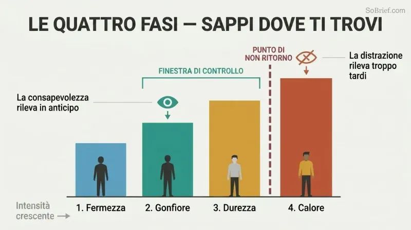 Ascending four-stage bar chart with a threshold line between stages three and four, showing awareness detecting signals early versus distraction detecting too late.