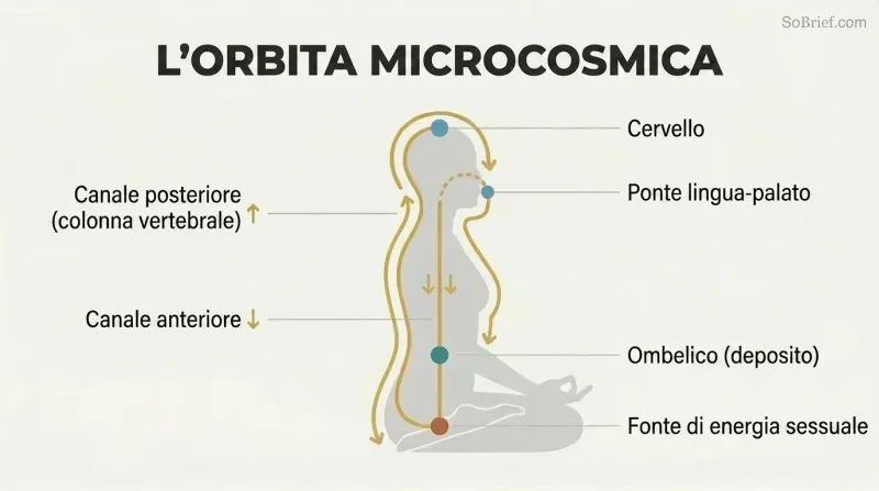 Circular energy pathway traced over a human silhouette in profile, flowing up the spine to the brain and down the front to the navel in a continuous loop.