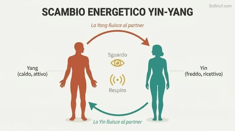 Two facing silhouettes connected by a circular loop of warm yang energy flowing one direction and cool yin energy flowing the other, forming a complete circuit.