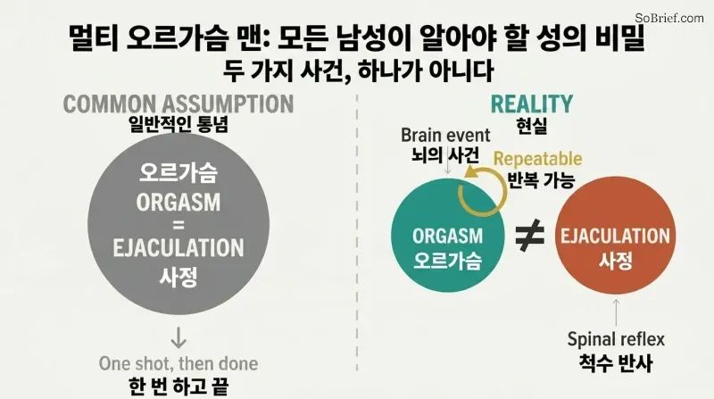 Split panel showing orgasm and ejaculation as a single fused circle on the left versus two distinct separated circles on the right, revealing they are independent events.