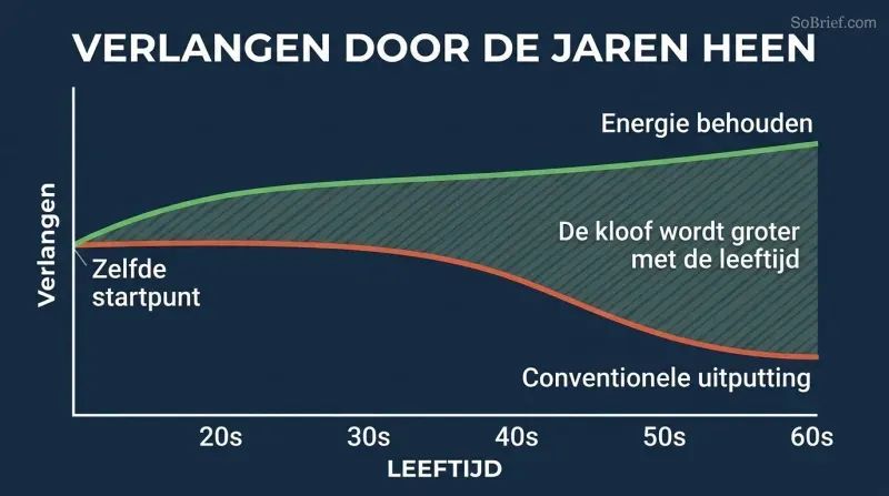 Two diverging curves on a timeline from age 20 to 60, showing conventional desire declining while conserved-energy desire stays high and rises.