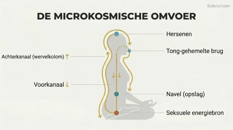 Circular energy pathway traced over a human silhouette in profile, flowing up the spine to the brain and down the front to the navel in a continuous loop.