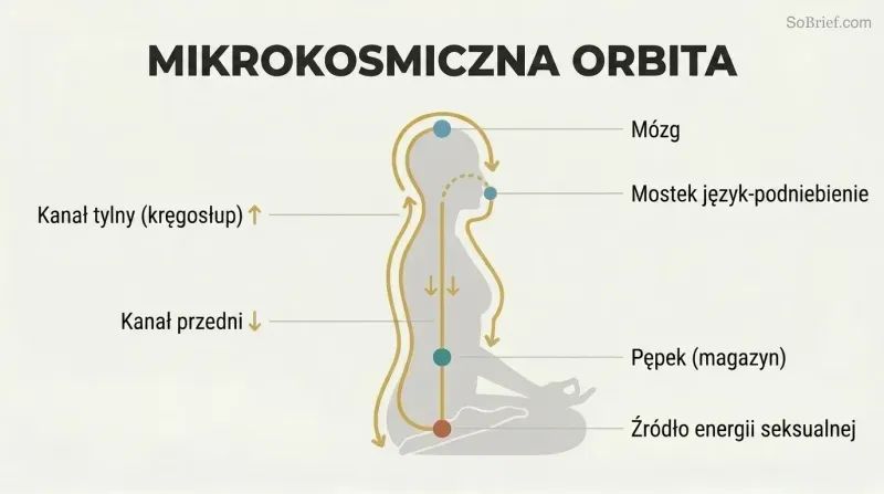 Circular energy pathway traced over a human silhouette in profile, flowing up the spine to the brain and down the front to the navel in a continuous loop.
