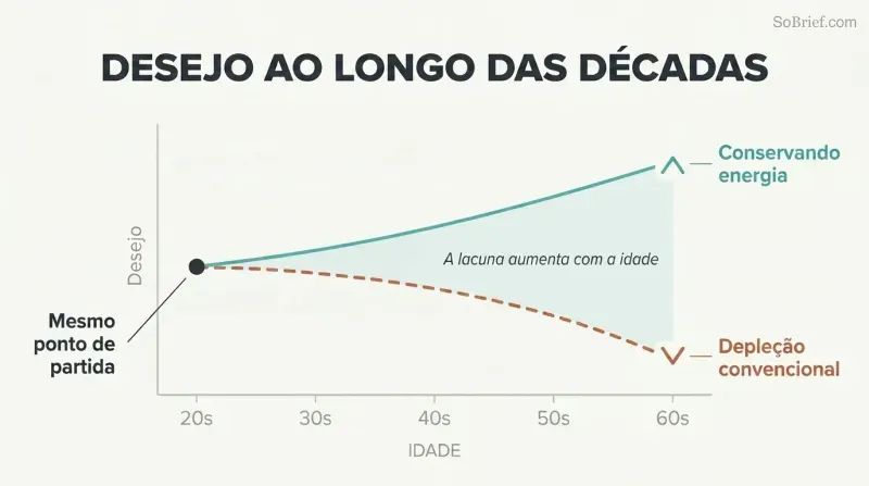 Two diverging curves on a timeline from age 20 to 60, showing conventional desire declining while conserved-energy desire stays high and rises.