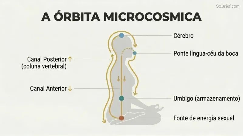 Circular energy pathway traced over a human silhouette in profile, flowing up the spine to the brain and down the front to the navel in a continuous loop.