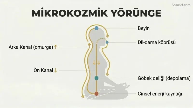 Circular energy pathway traced over a human silhouette in profile, flowing up the spine to the brain and down the front to the navel in a continuous loop.
